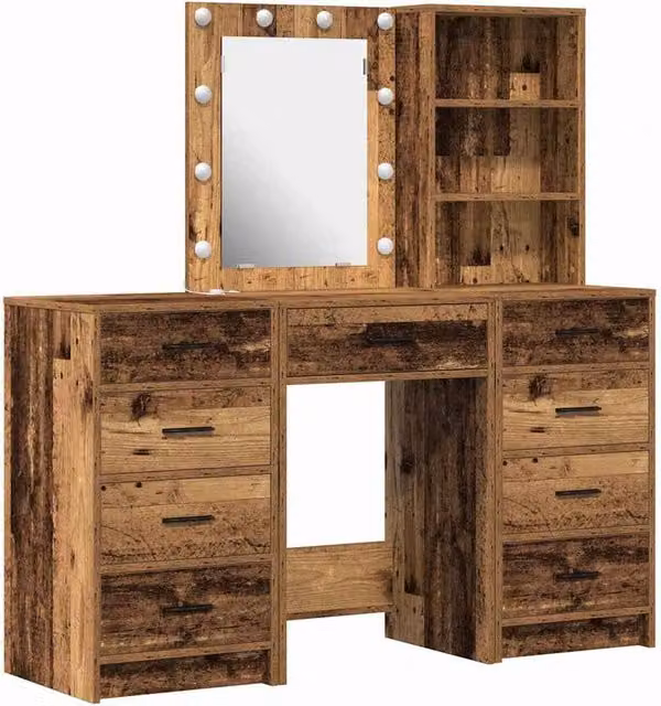 Berkfield Home 3-Piece Hollywood LED Dressing Table Set in Brown Old Wood Finish – 1
