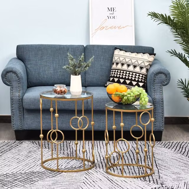 HOMCOM Set of 2 Round Nesting Coffee Tables with Glass Tops and Gold Metal Frames