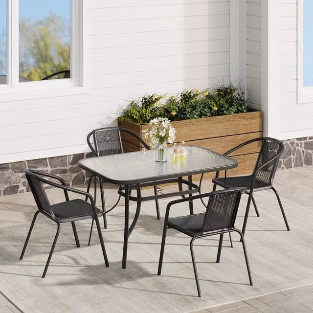 Komore 5-Piece Modern Black Rattan Patio Set with Tempered Glass Table (Width: 120 cm)