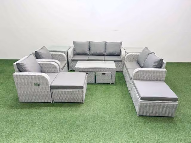 Fimous PE Wicker Rattan Garden Furniture Set with Oblong Coffee Table and Love Sofa in Light Grey