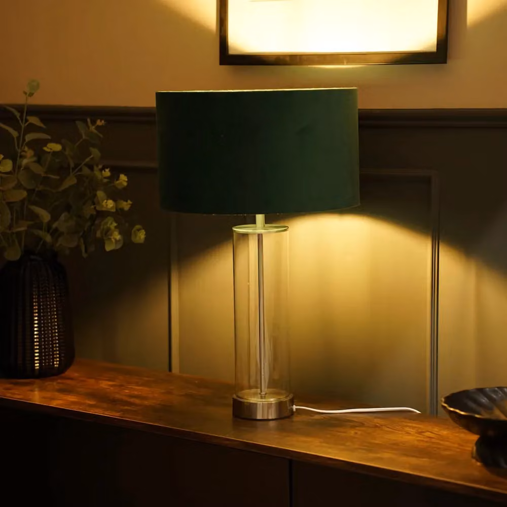 ValueLights Balan Glass and Brushed Chrome Table Lamp with Green Velvet Drum Shade and Included LED Bulb – 2
