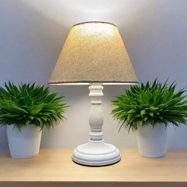 Minster Ceramic Table Lamp with White Fabric Shade, W/D/H: 11 x 11 x 30 cm