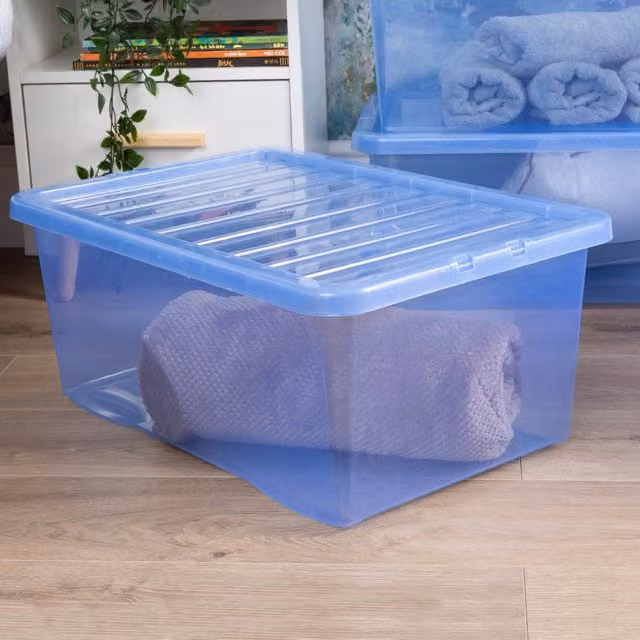 Wham Crystal Sparkle 45L Plastic Storage Boxes with Lids, Tint Sparkle Blue, Pack of 3