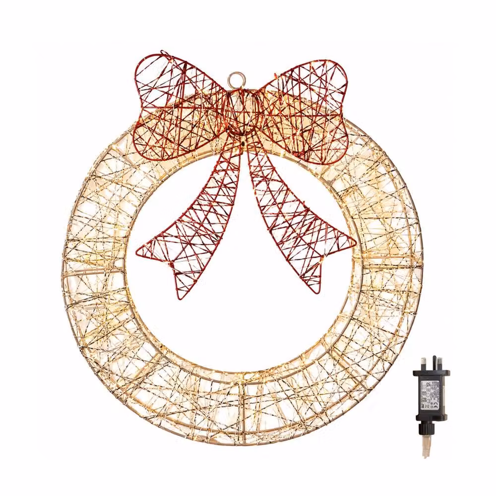 Samuel Alexander 50cm Gold Christmas Wreath with 600 Warm White LEDs, Timer and Red Bow – 3