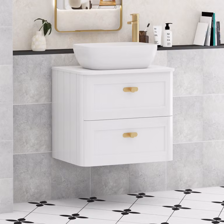 Royal Bathrooms Henley 600mm Gloss White Wall Hung 2 Drawer Vanity Unit with Elva Basin and Brushed Brass Knob