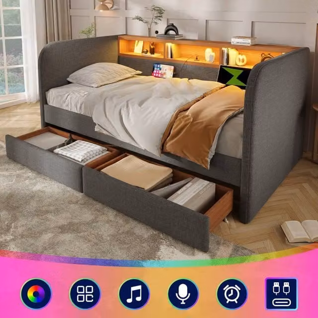 Rolipo Grey Linen Single Daybed with LED Lighting, USB Charging Port and Storage Drawers, W/D/H: 90 x 190 cm