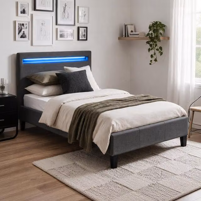 Comfy Living Modern Fabric Bed Frame with LED Under-Bed Lighting in Dark Grey, W/D/H: 90 x 190 cm