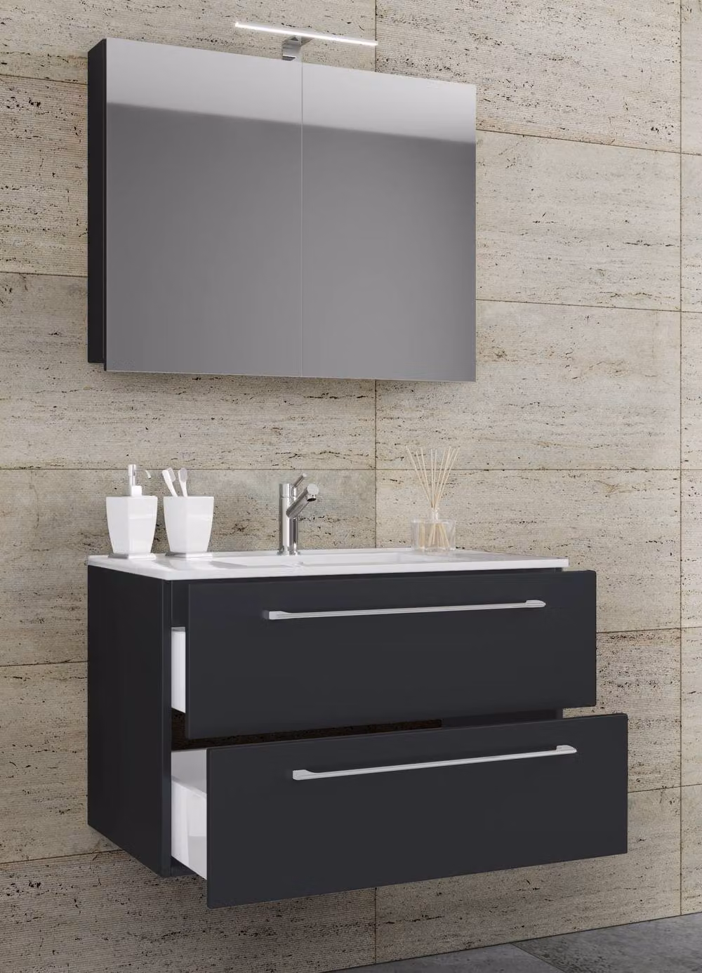 VCM Badinos SP 3-Piece Matt Black Bathroom Set with Vanity Unit and Mirror Cabinet – 2