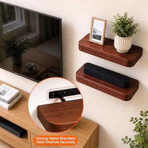 Innoteck Set of 2 Walnut Wooden Floating Wall Shelves with Rounded Edges, 40 cm – 5