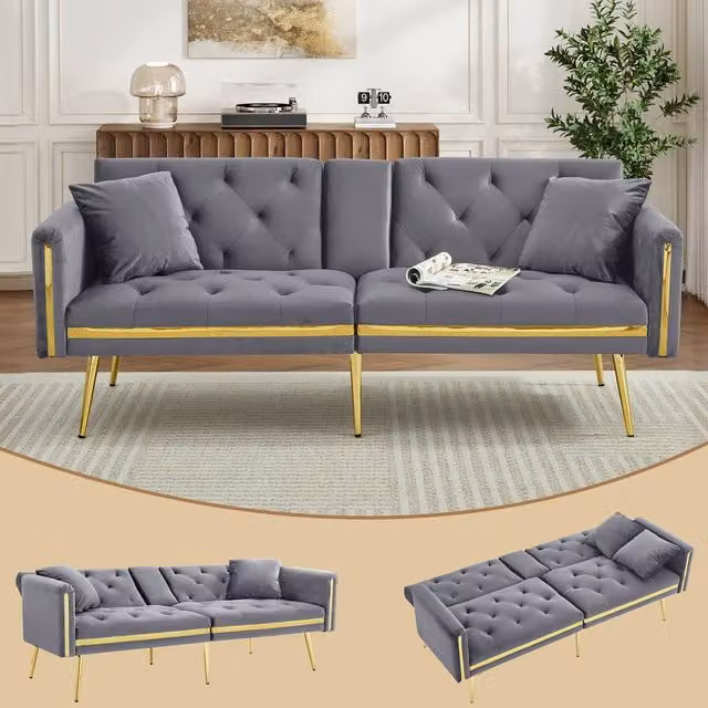 ModernLuxe 2-seater velvet convertible sofa bed with cup holders and adjustable backrest in Grey, W/D/H: 174.0 x 76.0 x 71.5 cm – 1