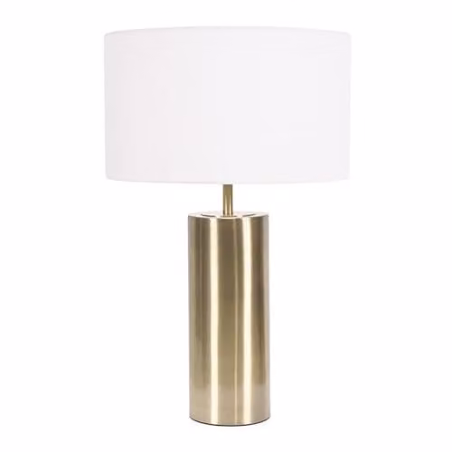 ValueLights Antique Brass Single Stem Touch Dimmer Table Lamp with White Fabric Drum Shade and LED Bulb