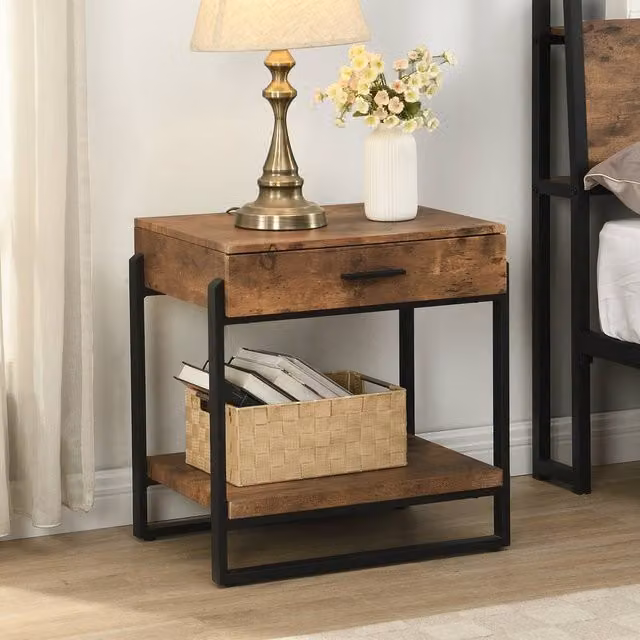 Mona Vale Furniture Rustic Industrial Nightstand with Drawer and Open Shelf in Brown – 1