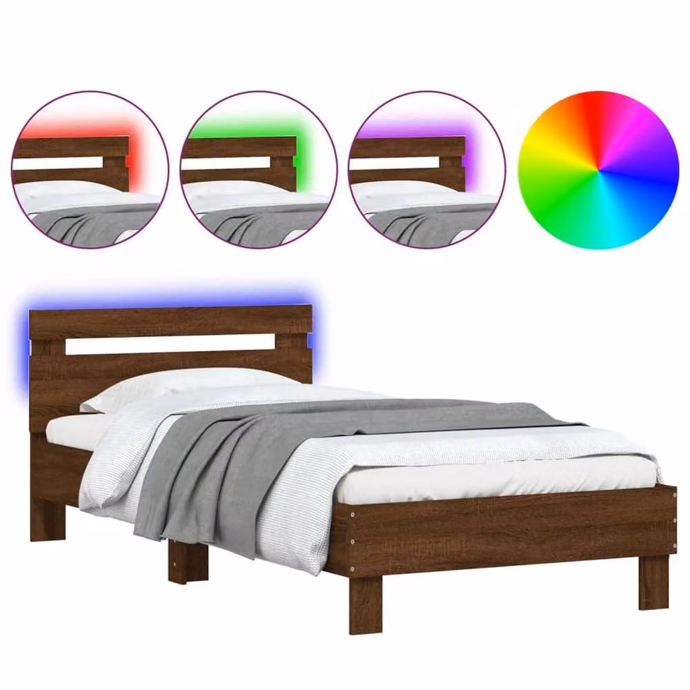 Berkfield Home Durable Bed Frame with LED Under-Bed Lighting in Brown Oak, W/D/H: 100 x 200 x 70 cm – 2