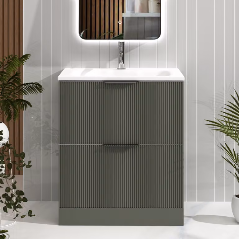 Royal Bathrooms Evora Sage Green Fluted Floor Standing 2 Drawer Vanity Unit with Matt Stone Basin W: 70 cm, D: 46 cm, H: 80 cm