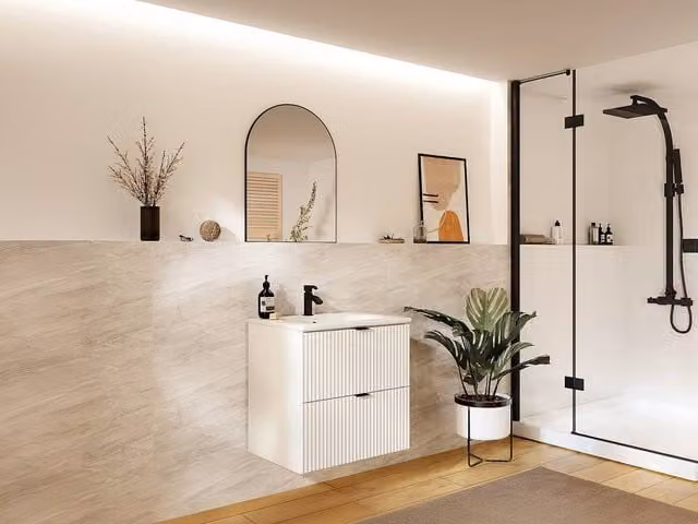 ZEVINI Ribbed Suspended Vanity Unit in Matte White, W: 60 cm, D: 47 cm, H: 60 cm – 1