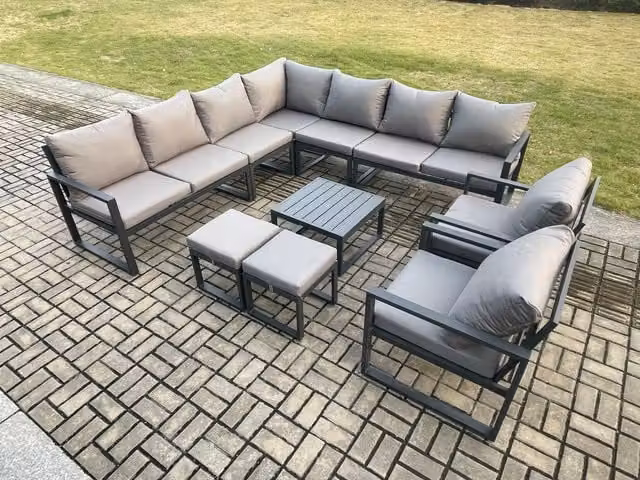 Fimous Modern L-Shape Outdoor Garden Furniture Set in Dark Grey with Powder Coated Aluminium Frame, Corner Sofa, Coffee Table and Two Ottomans
