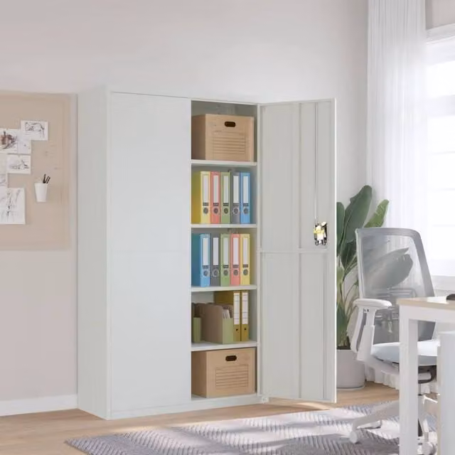 Berkfield Home Steel File Cabinet in Light Grey with Hinged Doors and Lock, W/D/H: 105 x 40 x 180 cm