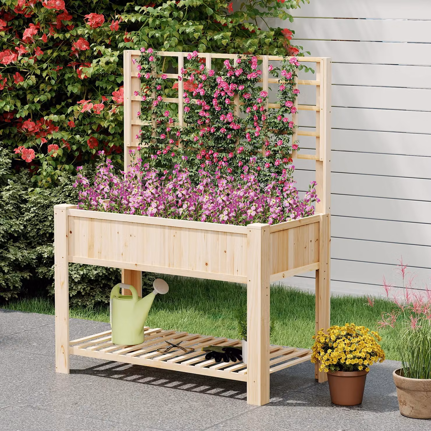 Gymax Wooden Elevated Planter Box with Trellis and Shelf in Beige – 5