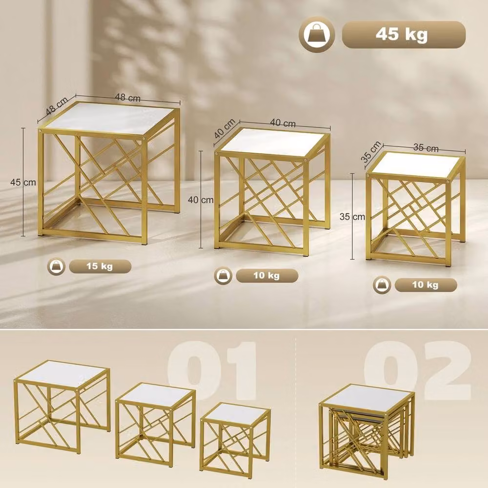 Havendro Set of 3 Nesting Coffee Tables with Gold Metal Frame and White Square Tops – 2