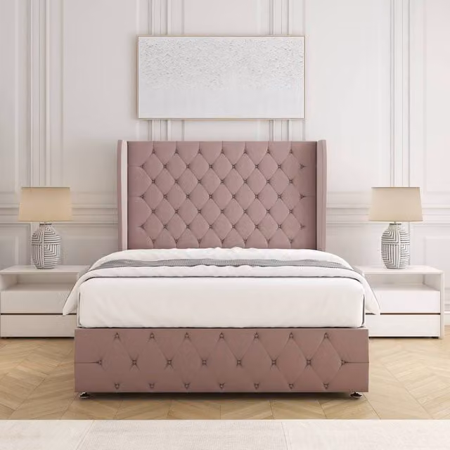BSSPOKE Faye Plush Velvet Divan Bed Set with Headboard and Mattress, Pink, W/D/H: 140 x 200 cm