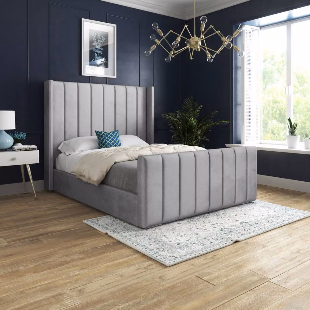 Casani Sherburn Upholstered Designer Bed Frame in Grey Soft Velvet, Size: Double (W: 140 cm, L: 200 cm) – 2