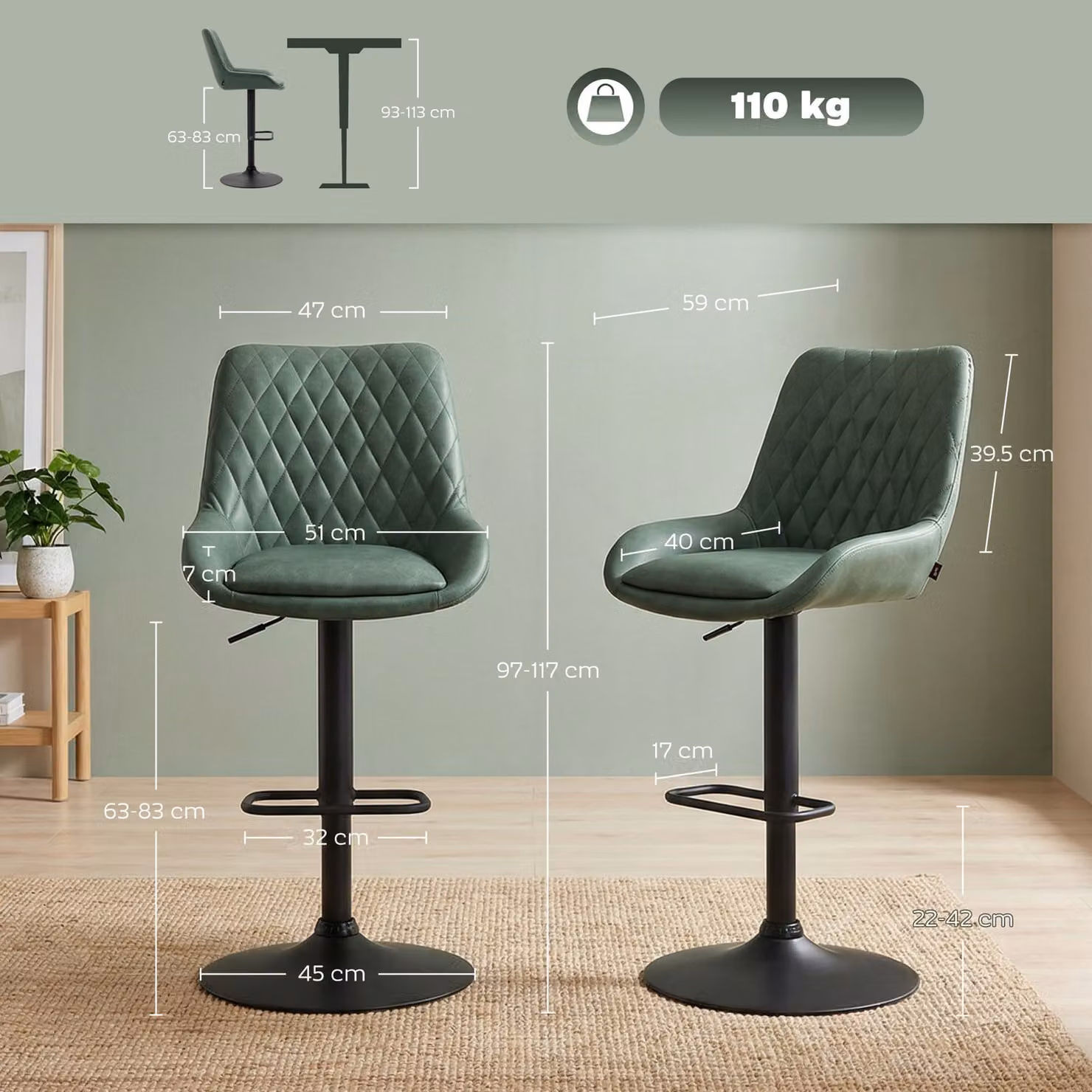 HOMCOM Set of 2 Retro Green Synthetic Leather Bar Stools with Swivel Seat and Metal Base – 3