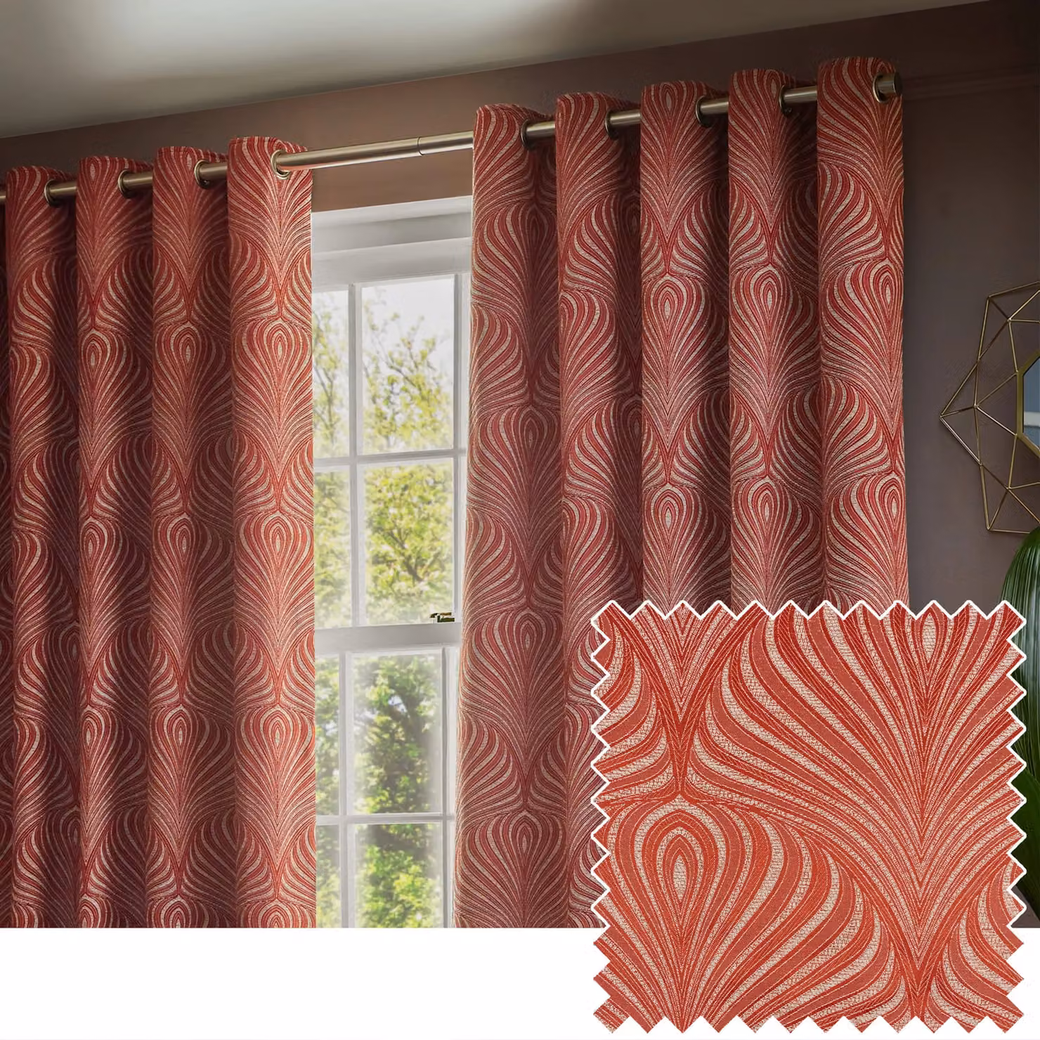 Paoletti Gatsby Art Deco Jacquard Eyelet Curtains in Terracotta and Gold, Width: 117 cm, Drop: 183 cm – 2