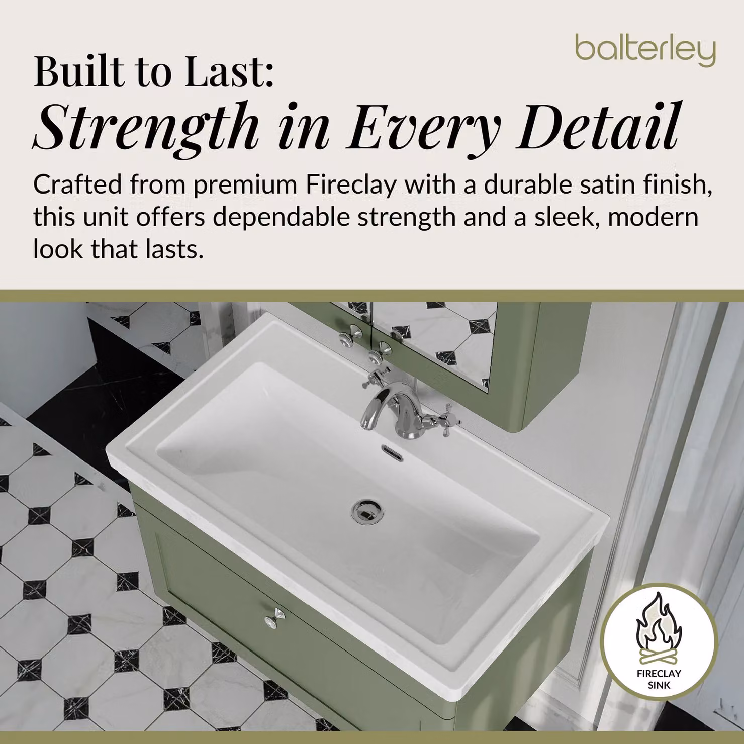 Balterley Wall Hung 1-Drawer Bathroom Vanity Unit and Fireclay Basin, Green, W: 80 cm – 3