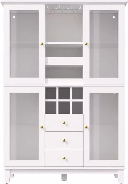 PAWNORA Modern White Matt Display Cabinet with Glass Doors, Integrated Lighting and Bottle Rack, H 180.5 x W 120.0 cm