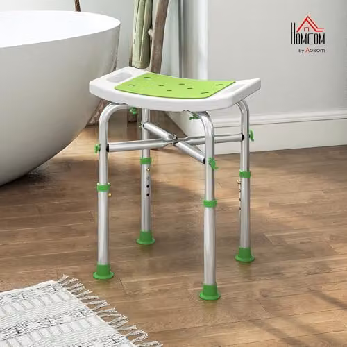 HOMCOM Adjustable Green Shower Stool with Non-Slip Drainage Seat for Seniors and Disabled – 2