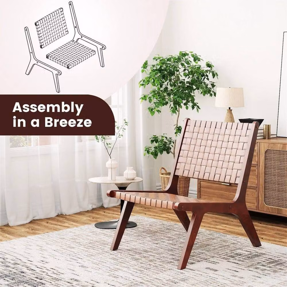 SPETLEK Set of 2 Modern Woven Brown PU Leather Accent Lounge Chairs with Solid Rubberwood Frame – 5
