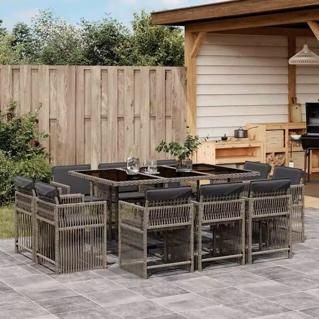 Berkfield Home 11 Piece Grey Poly Rattan Garden Dining Set with Cushions and Glass Tabletop