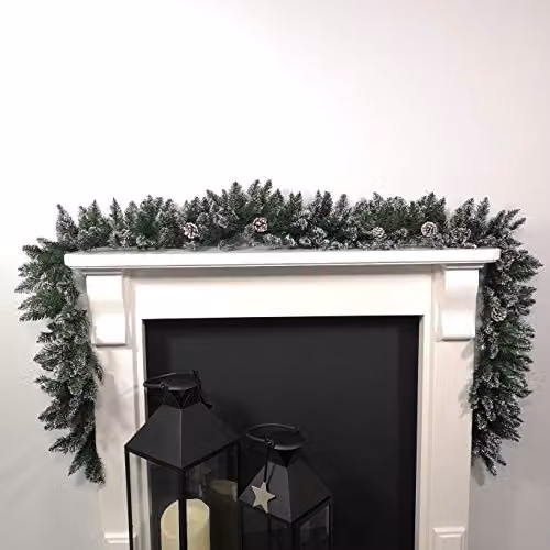 Premier Christmas Rocky Mountain Snow Flocked Garland with Cones, Green and White, 2.7m – 2