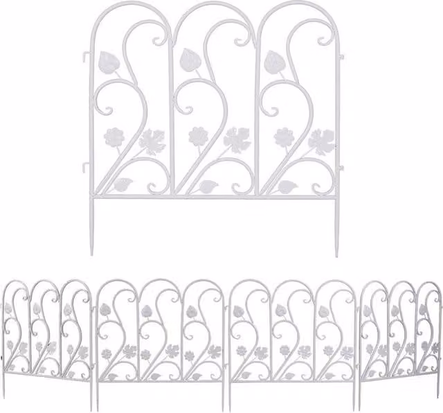 Kelvenix Metal Picket Border Garden Fence, 5 Panels, White, 0.6m2 – 1