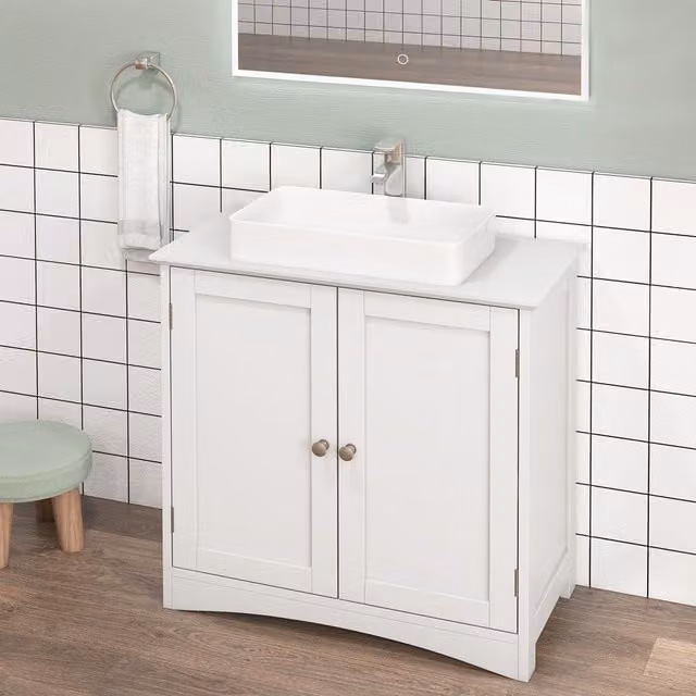 Costway Modern White Lacquered Freestanding Under Sink Bathroom Vanity Cabinet with Hinged Doors and Internal Shelves