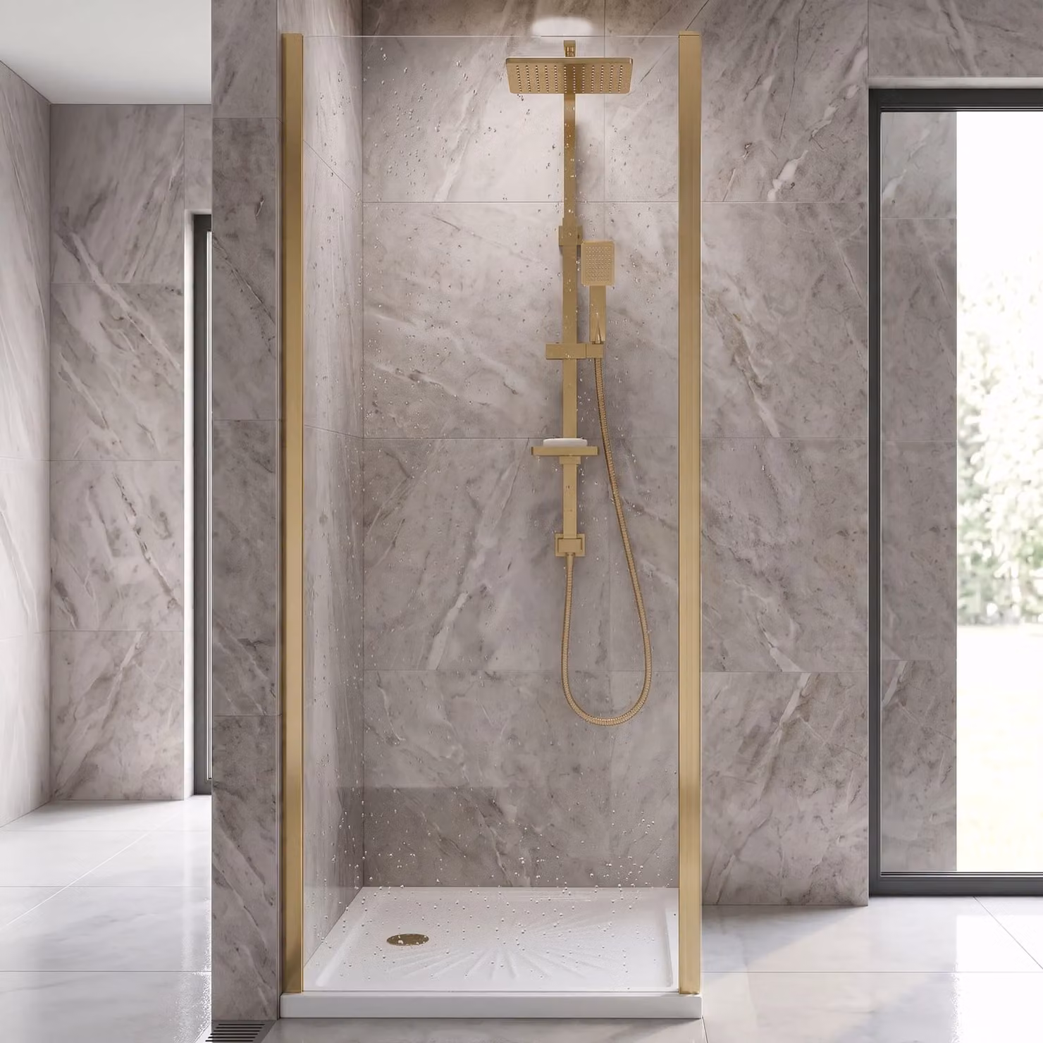 Balterley Reversible Safety Glass Shower Side Panel, Brushed Brass, 6mm, Width: 800 mm