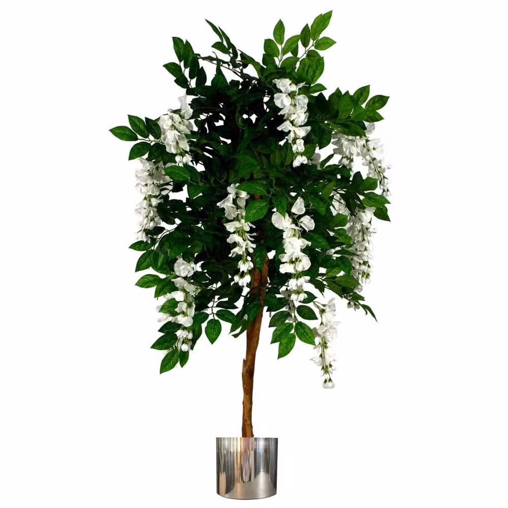 Botanik Leaf 130cm Artificial Wisteria Tree with White Flowers and Silver Planter in Green – 3
