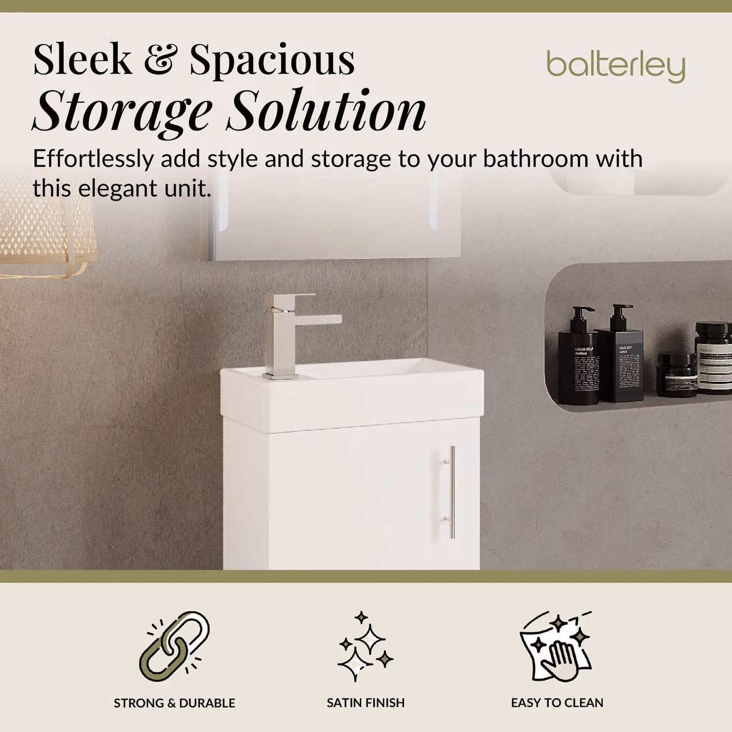 Balterley Gloss White Wall Hung 1 Door Cloakroom Vanity Unit with Basin, Width: 400 mm – 2
