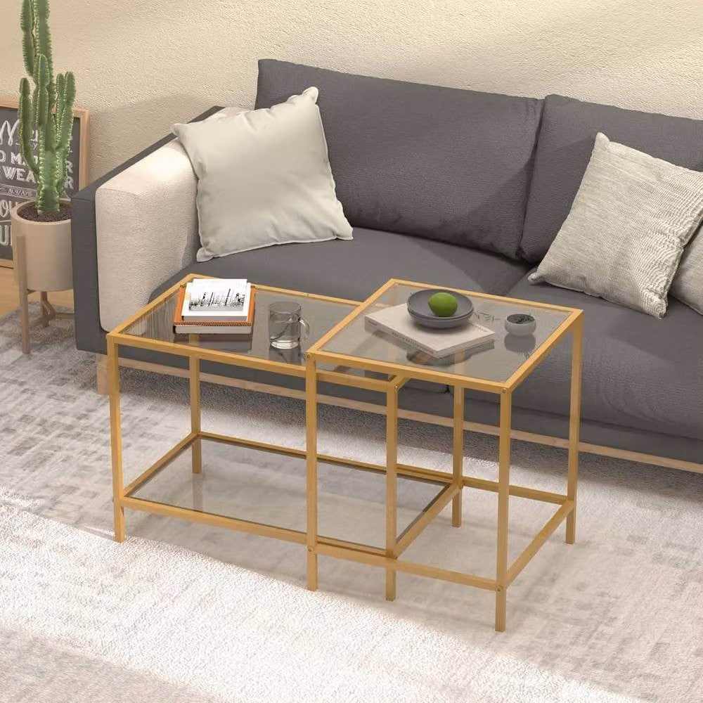 Huhote Set of 2 Modern Nesting Tables with Glass Tops and Gold Metal Frames – 3