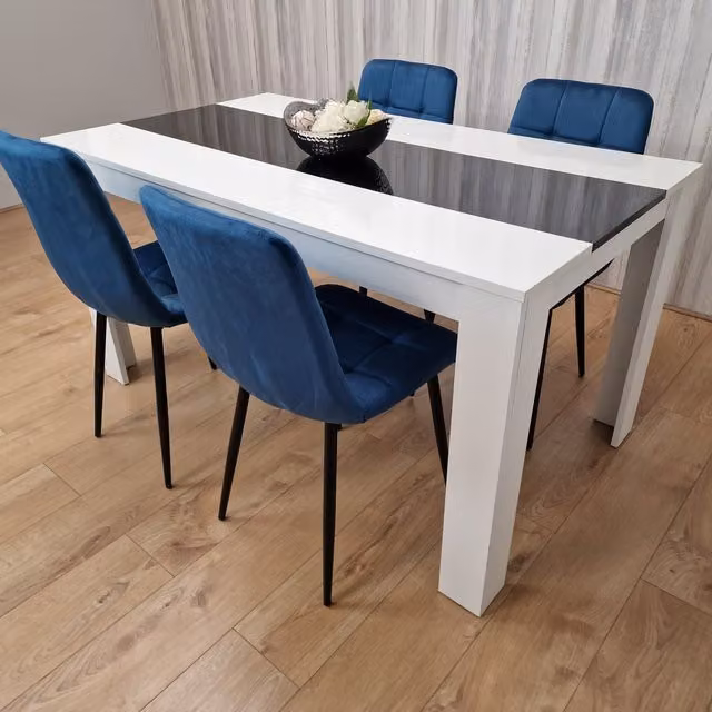 Kosy Koala Modern Rectangular Glass Dining Table with 4 Blue Tufted Velvet Chairs in White and Black