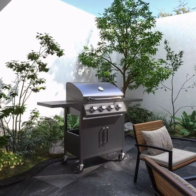 Outsunny 4 Burner Gas BBQ Grill with Warming Rack and Thermometer, Black