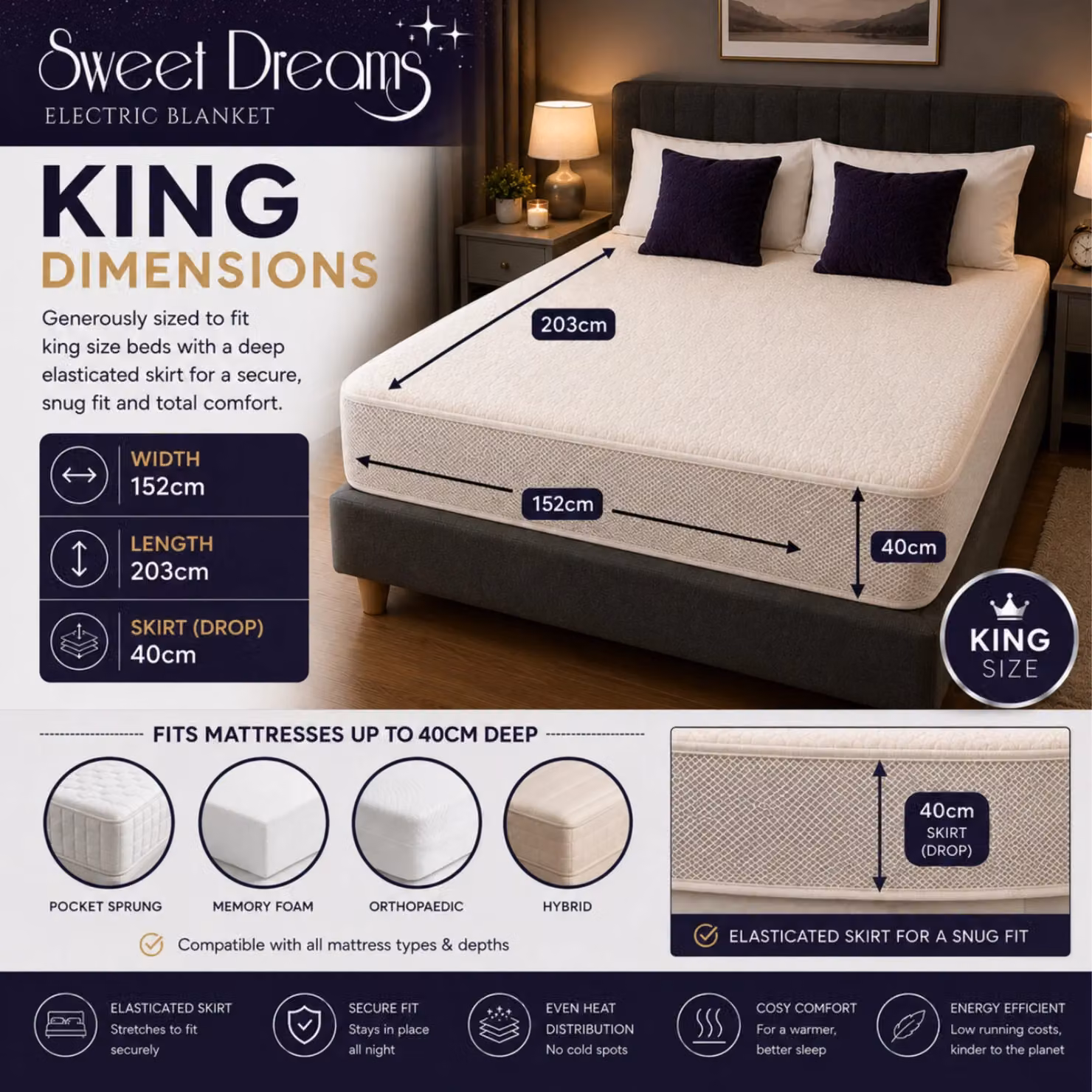 Sweet Dreams White Fleece Heated Fitted Mattress Cover, King Size, W/D/H: 180 x 200 cm – 2