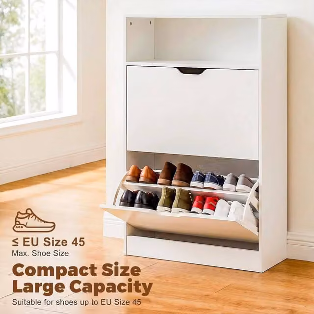 FLAVORA Modern 2 Drawer White Shoe Storage Cabinet with Tilting Compartments and Internal Shelves – 1