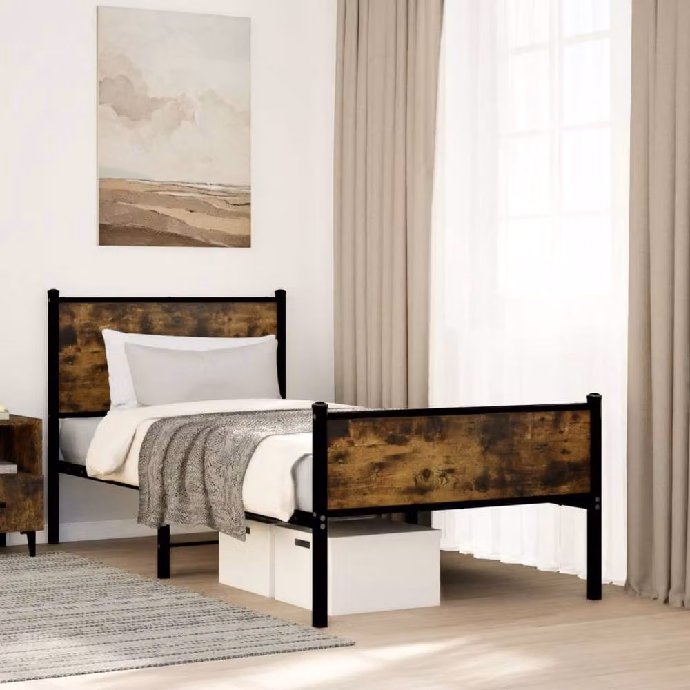 Berkfield Home Single Metal Bed Frame in Smoked Oak and Brown, W/D/H: 90 x 190 x 91.5 cm – 2