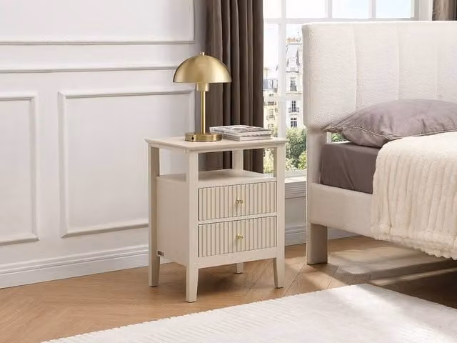 Vente-unique Niriva Set of 2 Modern Beige Lacquered MDF Bedside Tables with 2 Drawers and 1 Shelf, W/D/H: 35 x 30 x 62 cm – 1