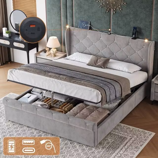 ModernLuxe Grey Upholstered Double Bed with Ottoman Storage, Headboard, Integrated Reading Light and USB Charging Port, W/D/H: 140 x 200 x 145 cm