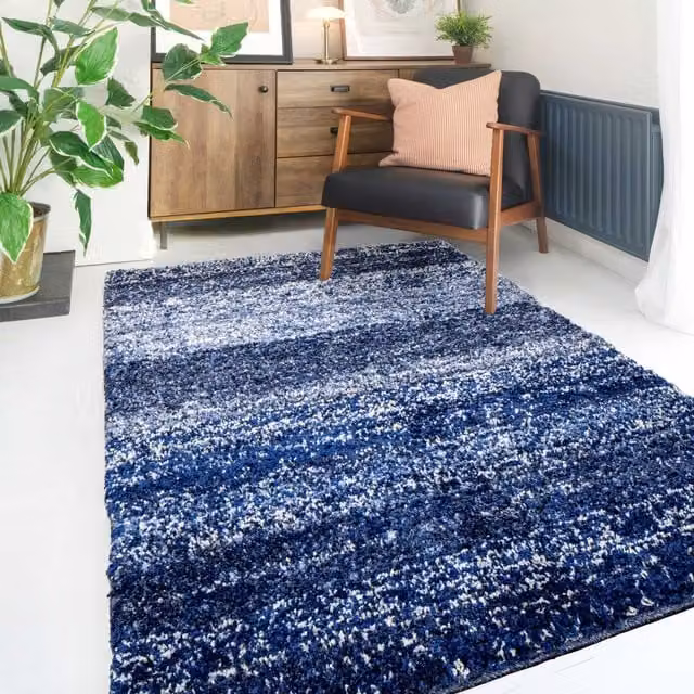 Kukoon Navy Blue Striped Mottled Shaggy Rug, W: 80 cm, L: 150 cm – 1