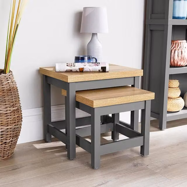 Home Source Nest of 2 Occasional Side Tables with 36mm Oak Tops in Dark Grey