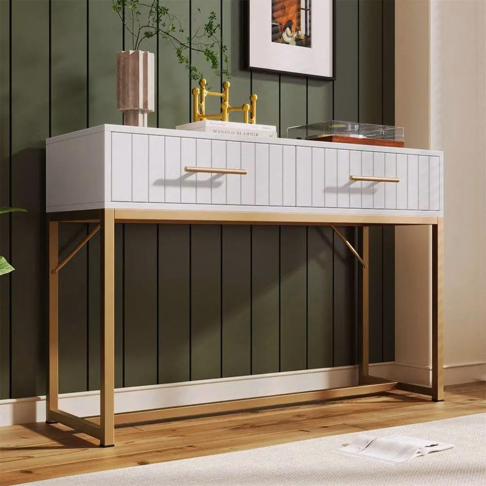 KORVIXA Modern Square Side Table in White and Gold with Metal Sled Base, W/D/H: 100 x 100 x 57.5 cm – 2