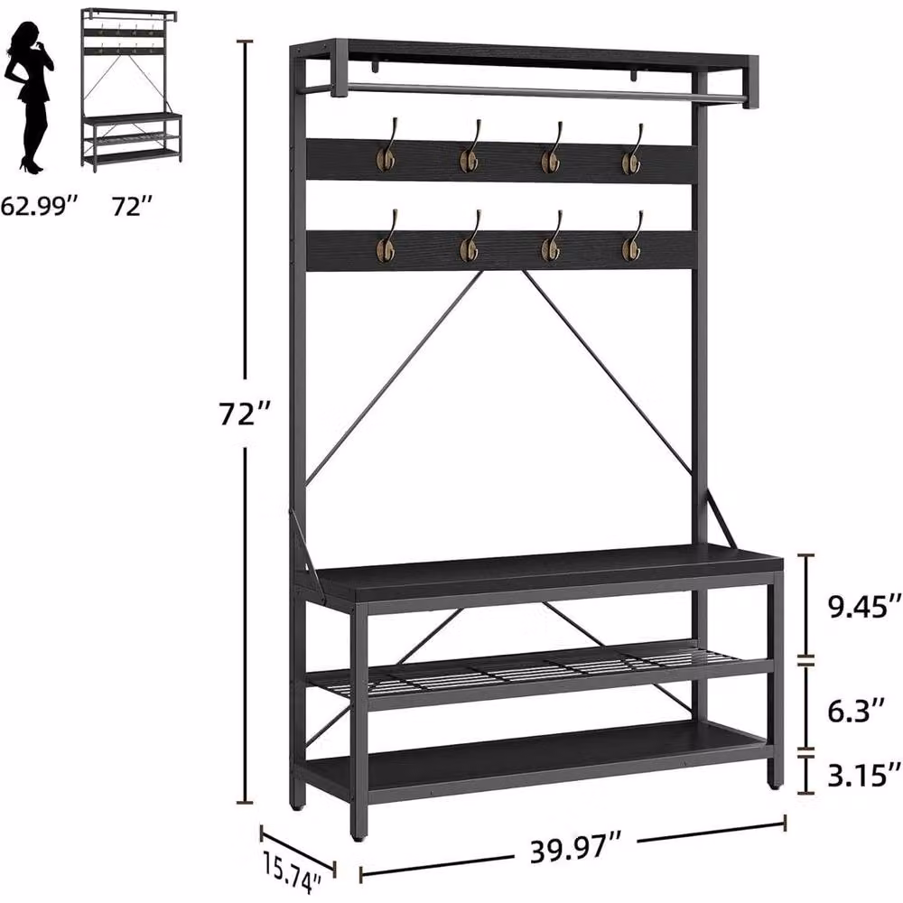 KORVIXA Hall Tree with Shoe Bench and Coat Rack in Black – 2